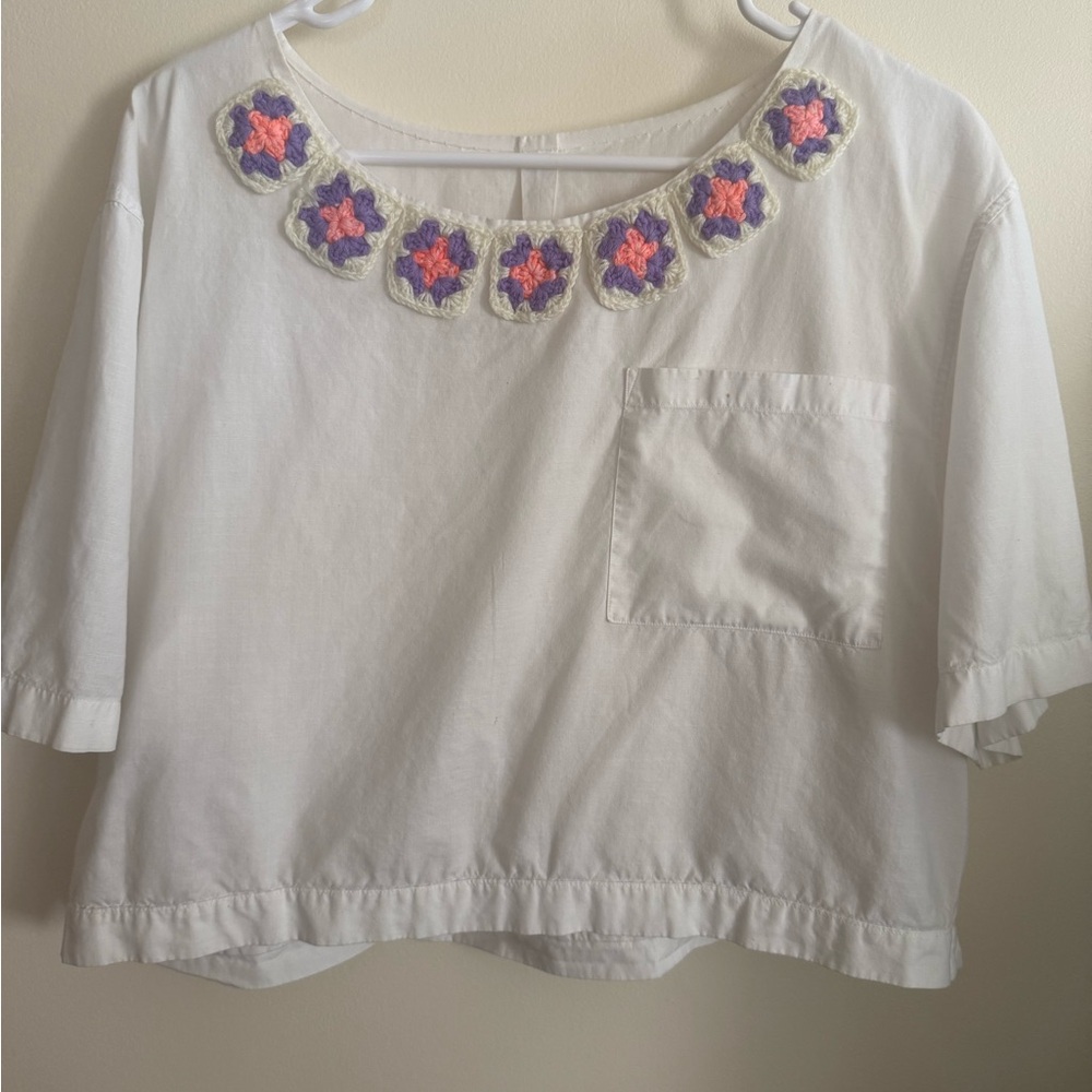 Zara White Short Sleeve Top with Crochet Detail